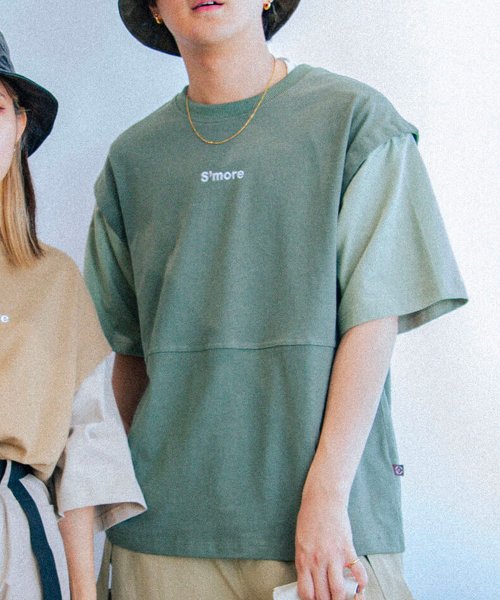 S'more(スモア)/【 S'more / 2WAY REMOVABLE SLEEVE COTTON CREW NECK BIG S/S T－SHIRT 】2WAYリムーバブルスリー/グリーン