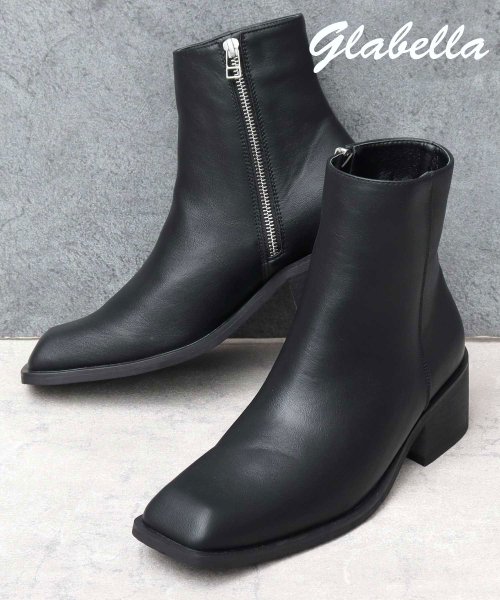 glabella(グラベラ)/glabella グラベラ スクエアトゥ ヒールブーツ サイドジップ メンズブーツ 黒 ブラック シンプル/ブラック