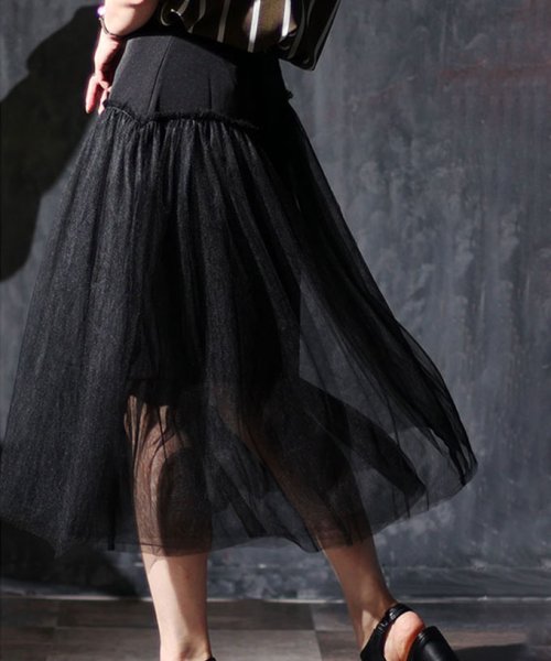 Sawa a la mode(サワアラモード)/やわらかな風を纏うチュールドッキングスカート/ブラック
