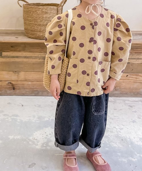 aimoha(aimoha（アイモハ）)/aimoha－KIDS－ 韓国子供服　タク入りボリューム袖水玉模様ブラウス/ベージュ
