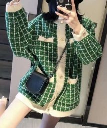 SEU(エスイイユウ)/オーバーサイズツイードニットカーディガン 体型カバー きれいめカジュアル アウター 羽織り 韓国ファッション/グリーン