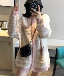 SEU(エスイイユウ)/オーバーサイズツイードニットカーディガン 体型カバー きれいめカジュアル アウター 羽織り 韓国ファッション/ピンク