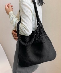 shopnikoniko(ショップにこにこ)/ニット編み トライアングル トートバッグ ma 【即納】 鞄 バッグ ハンドバッグ マルシェバッグ 肩掛け クロシェ編み メッシュ編み かぎ編み 透かし編み A/ブラック