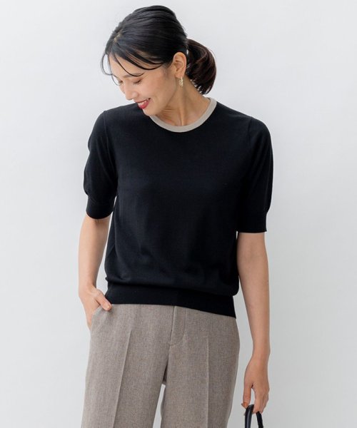 NIJYUSANKU（SMALL SIZE）(23区（小さいサイズ）)/【洗える/アンサンブル対応】サステナブルウール 半袖バイカラー ニット/ブラックベース