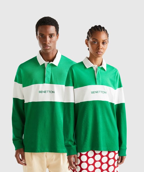 BENETTON (mens)(ベネトン（メンズ）)/カラーブロック長袖ラガーポロシャツ・ユニセックス/グリーン