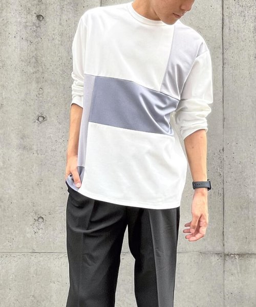 COMME CA ISM MENS(コムサイズム（メンズ）)/パッチワーク クルーネック ロングスリーブ Ｔシャツ/ホワイト