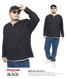 one colors(ワンカラーズ)/長袖Tシャツ メンズ 大きいサイズ ヘンリーネック クルーネック ワッフル素材 フェイクレイヤード カットソー  ロンT ロングTシャツ 黒 トップス 長袖 T/ブラック