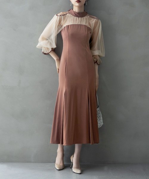 etoll. エトル カットアウトマーメイドドレス ワンピ ワンピース ドレス オケージョン 長袖 オケワンピ マーメイドワンピ シフォン ロング マキシ丈 ハ 5cm エトル