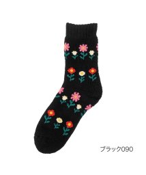 fukuske FUN(フクスケ ファン)/福助 公式 ルームソックス クルー丈 レディース fukuske FUN WARMHOME レトロフラワー柄 内側パイル  2262－94L<br>婦人 女性 /ブラック