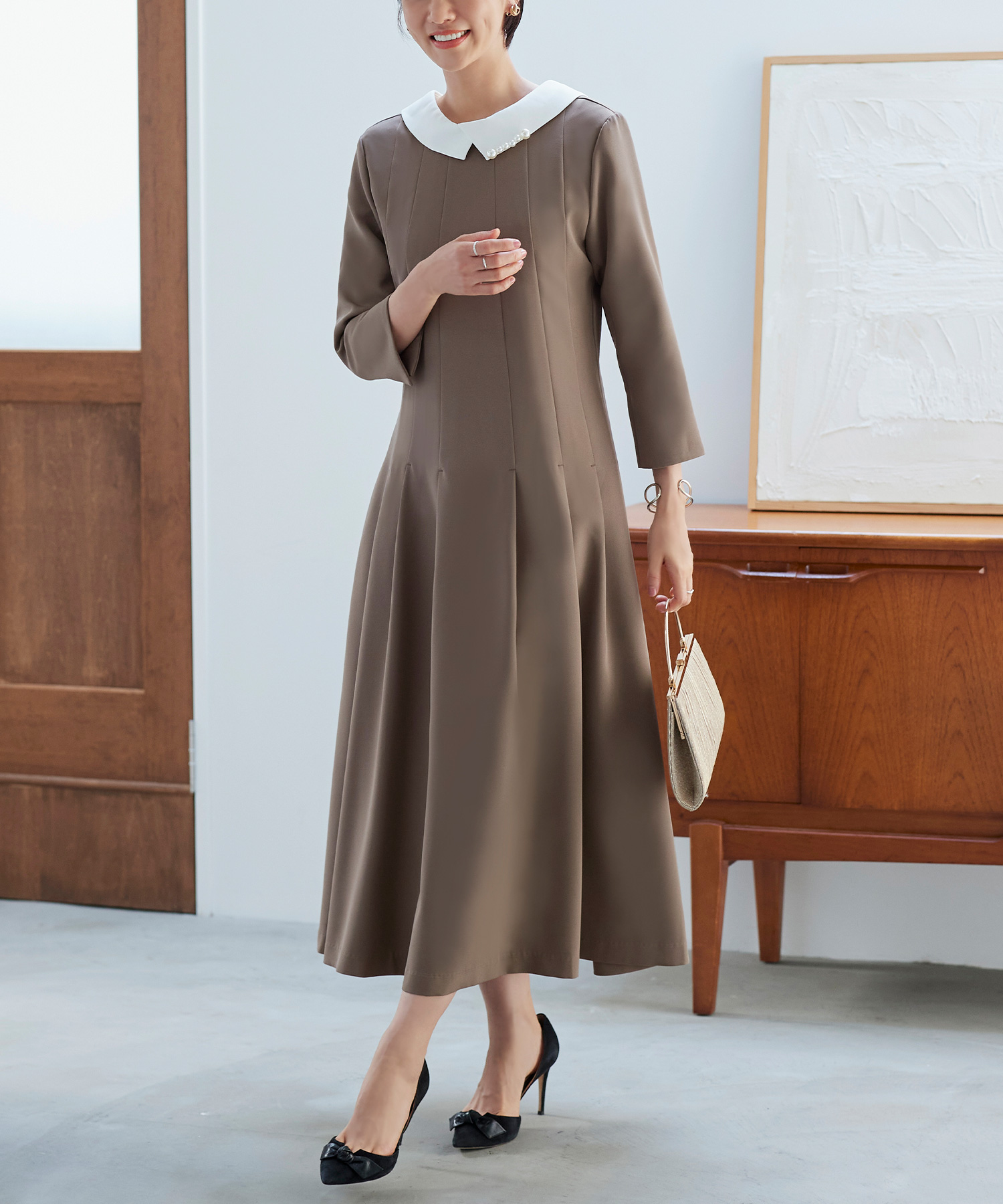 2WAY パール アタッチドカラー フレア ワンピース ドレス レディース M