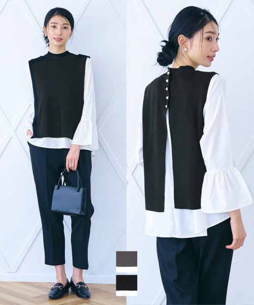 パール付きベストセットブラウス（袖フリル/2way/ペプラム/前後差/長袖/クルーネック） 人気・おすすめ｜使いやすい・旅行におすすめ 品質保証 全国発送 日本国内発送・最短翌日お届け