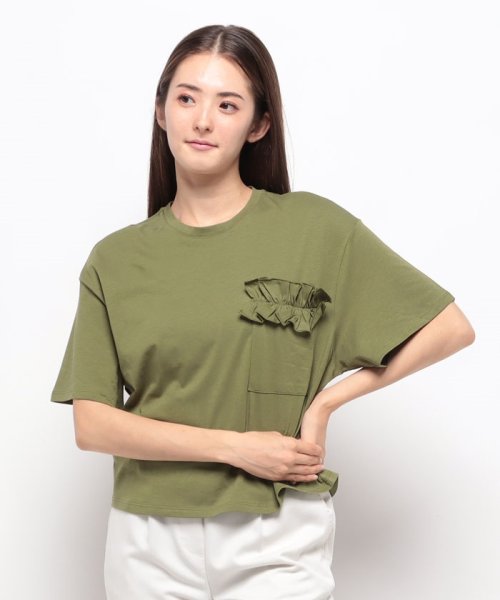 BENETTON (women)(ベネトン（レディース）)/フリルポケット付きショート丈半袖Tシャツ・カットソー/カーキ