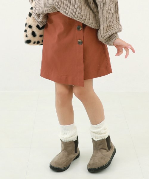 devirock(デビロック)/裏起毛 ラップスカート風パンツ 子供服 キッズ 女の子 ボトムス スカート スカッツ インナーパンツ付ミニスカート チェック 無地/ブラウン