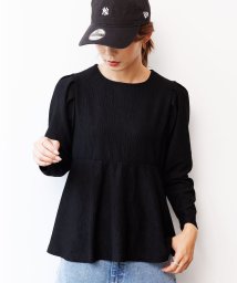 mili an deni/ブリスタークレープペプラムトップス スクエアネック 長袖 黒 無地 Tシャツ カットソー トップス レディース/505627675