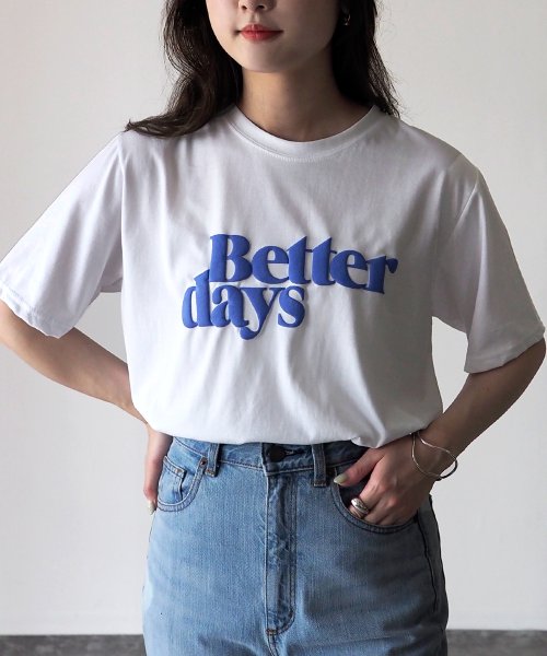 Riberry(リベリー)/Better days発泡プリントTシャツ/ホワイト×ブルー