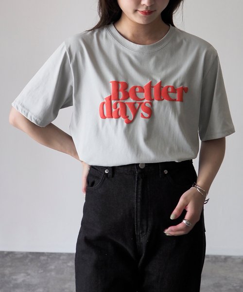 Riberry(リベリー)/Better days発泡プリントTシャツ/サックス×オレンジ