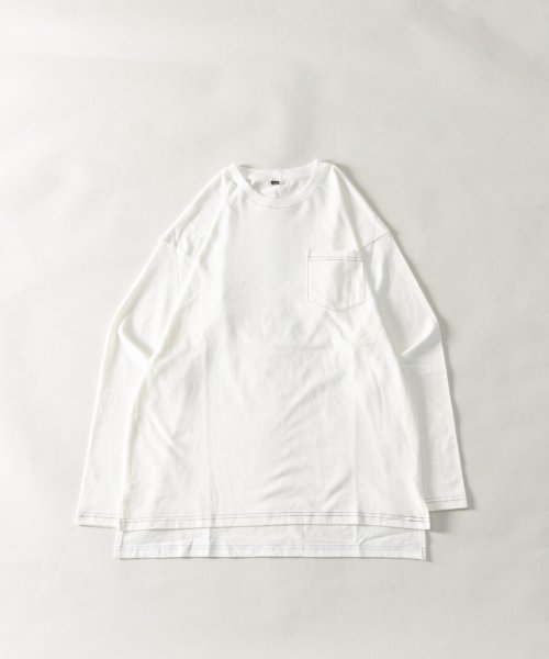 Nylaus(ナイラス)/ピーチスキン加工 配色ステッチ ポケット付き ロングスリーブTシャツ/ホワイト