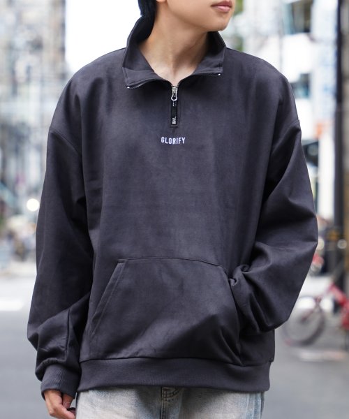 1111clothing(ワンフォークロージング)/オーバーサイズ ハーフジップ スウェット メンズ スエード トレーナー レディース ワンポイント ロゴ 刺繍 ビッグシルエット トップス 長袖/チャコールグレー