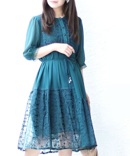 Sawa a la mode(サワアラモード)/パールリボン付き刺繍シアーワンピース/グリーン