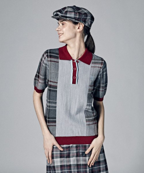 Munsingwear(マンシングウェア)/タータンチェックKinloch Andersonポロ衿半袖ニット【アウトレット】/グレー×レッド