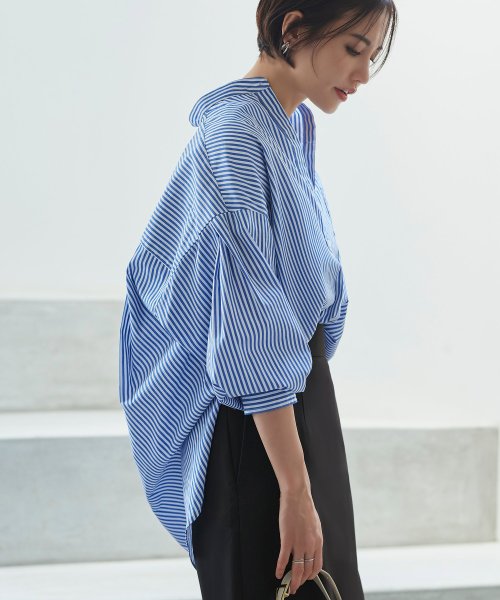 RUIRUE BOUTIQUE(ルイルエブティック)/STRIPED OVERSIZE LONG SLEEVE SHIRTS ストライプオーバーサイズ長袖シャツ(T1303)/オフ×ブルー