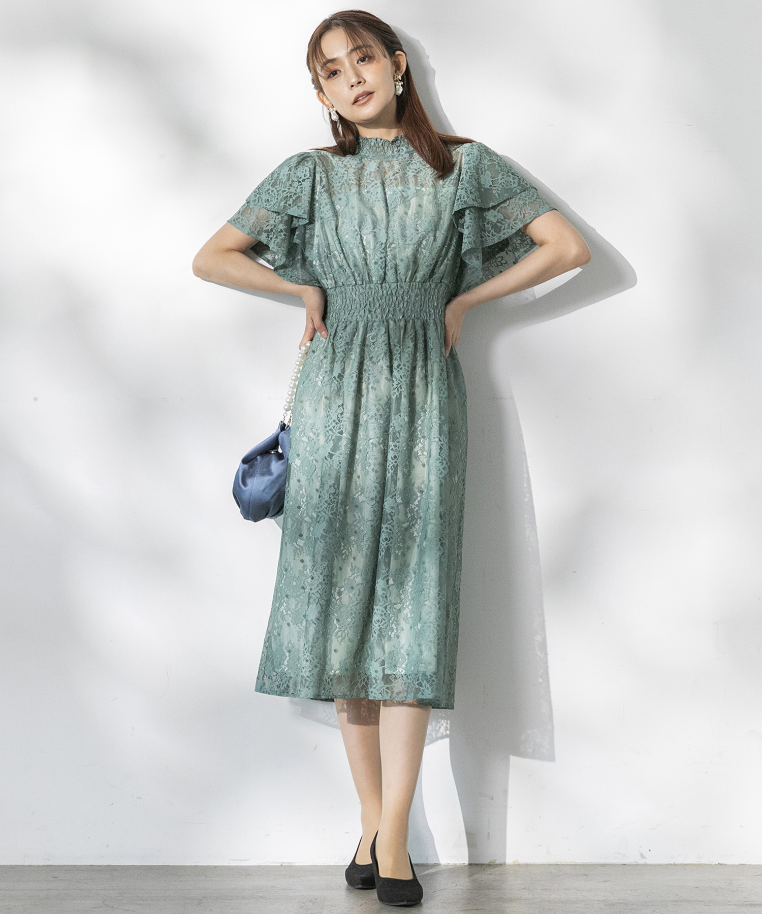 chaco】レース×ドットフロッキー ドレスワンピース/結婚式/パーティー