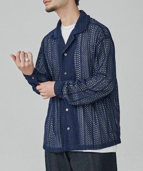 coen(coen)/ビッグシルエットメッシュオープンカラーシャツ/NAVY