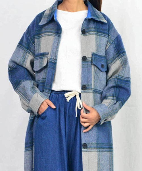 ARGO TOKYO(アルゴトウキョウ)/チェックロングシャツ 21012 チェックシャツ　ロングシャツ　ロングシャツワンピ―ス　シャツワンピース　シャツジャケット/ブルー