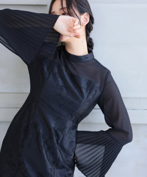 袖プリーツレース切替ワンピース 