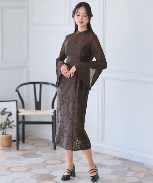 袖プリーツレース切替ワンピース 