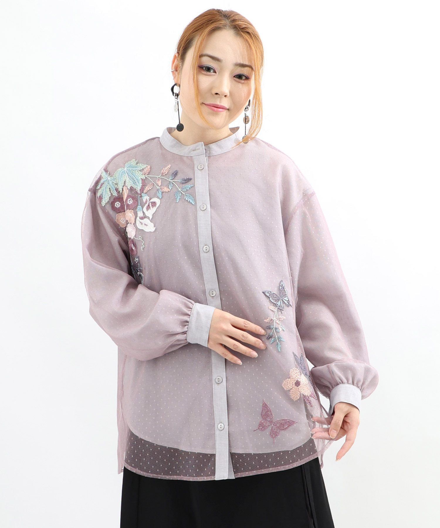 フェイク麻×ドットチュール 花蝶刺繍シャツブラウス(505675715) | イズ