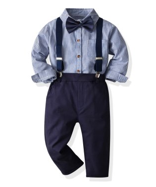 TeddyShop/キッズ スーツ 男の子 フォーマル 子供服 春秋 長袖 シャツ ストライプ パンツ サスペンダー 調節 蝶ネクタイ 4点セット/505679799