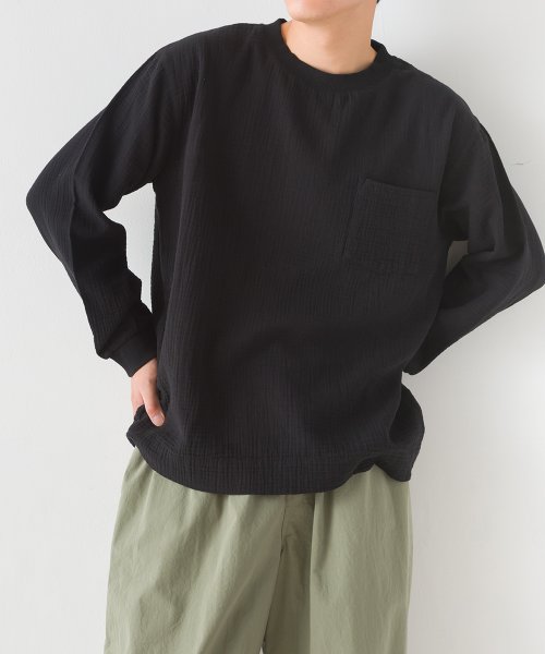 OMNES(オムネス)/【OMNES】メンズダブルガーゼポケット付き長袖Tシャツ/ブラック
