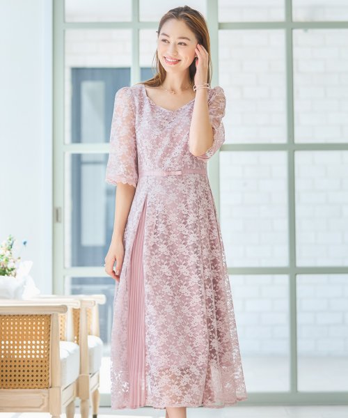 DRESS+(ドレス プラス)/ワンピース ドレス レースミモレ丈 総レース 結婚式/ピンク