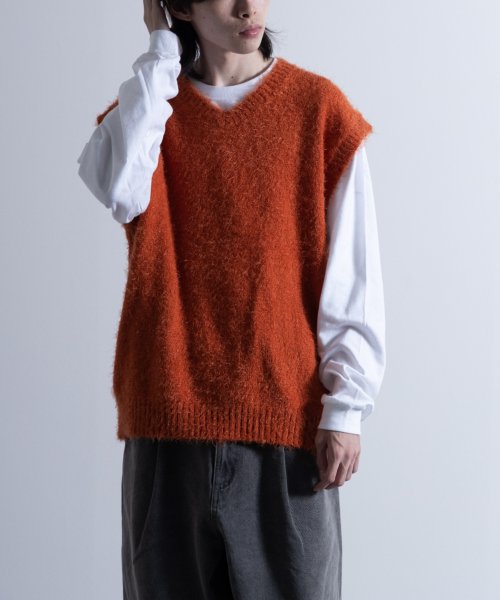 Nylaus select(ナイラスセレクト)/Shaggy Solid/Border Loose V－neck Knit Vest / シャギー 無地/ボーダー柄 ルーズ Vネック ニットベスト/オレンジ