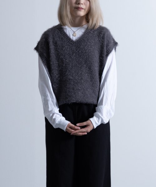 Nylaus select(ナイラスセレクト)/Shaggy Solid/Border Loose V－neck Knit Vest / シャギー 無地/ボーダー柄 ルーズ Vネック ニットベスト/チャコールグレー系1