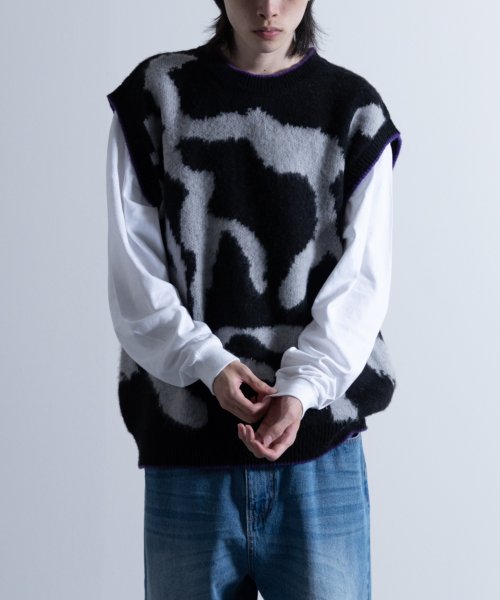 Nylaus(ナイラス)/Mohair Like Whole Pattern Loose Knit Vest / モヘアライク 総柄 ルーズ ニットベスト/ブラック