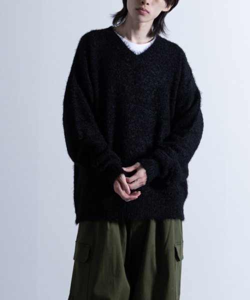 Nylaus(ナイラス)/Shaggy Solid/Border Loose V－neck Knit Sweater / シャギー 無地/ボーダー柄 ルーズ Vネック ニットセーター/ブラック