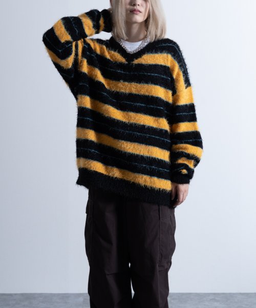 Nylaus(ナイラス)/Shaggy Solid/Border Loose V－neck Knit Sweater / シャギー 無地/ボーダー柄 ルーズ Vネック ニットセーター/ブラック系1