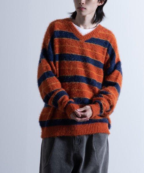 Nylaus(ナイラス)/Shaggy Solid/Border Loose V－neck Knit Sweater / シャギー 無地/ボーダー柄 ルーズ Vネック ニットセーター/オレンジ