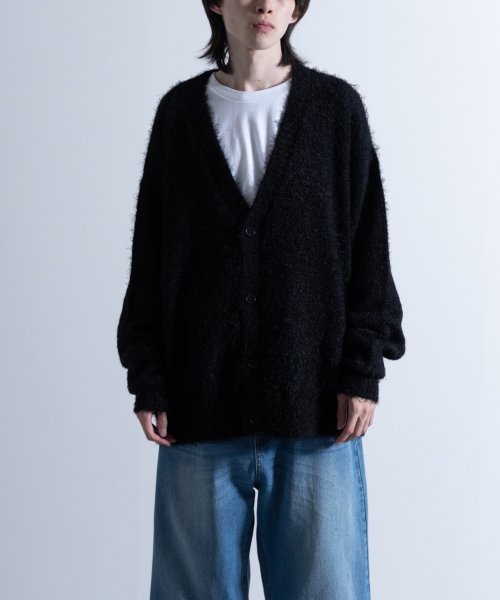 Nylaus(ナイラス)/Shaggy Solid/Border Loose V－neck Knit Cardigan / シャギー 無地/ボーダー柄 ルーズ Vネック ニットカーディガ/ブラック