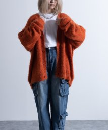 Nylaus(ナイラス)/Shaggy Solid/Border Loose V－neck Knit Cardigan / シャギー 無地/ボーダー柄 ルーズ Vネック ニットカーディガ/オレンジ