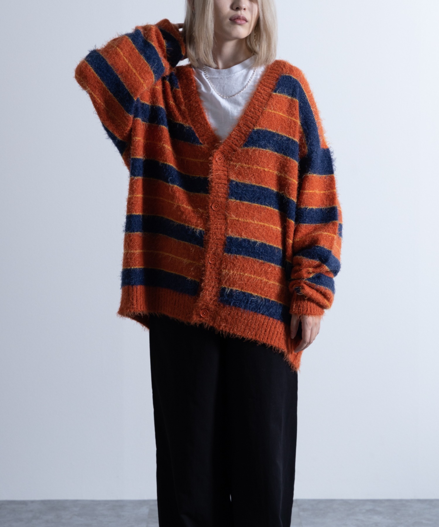 セール】Shaggy Solid/Border Loose V－neck Knit Cardigan / シャギー