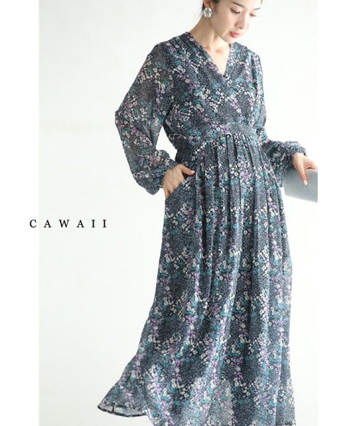 CAWAII(カワイイ)/無垢な花咲くタックカシュクールミディアムワンピース/ネイビー