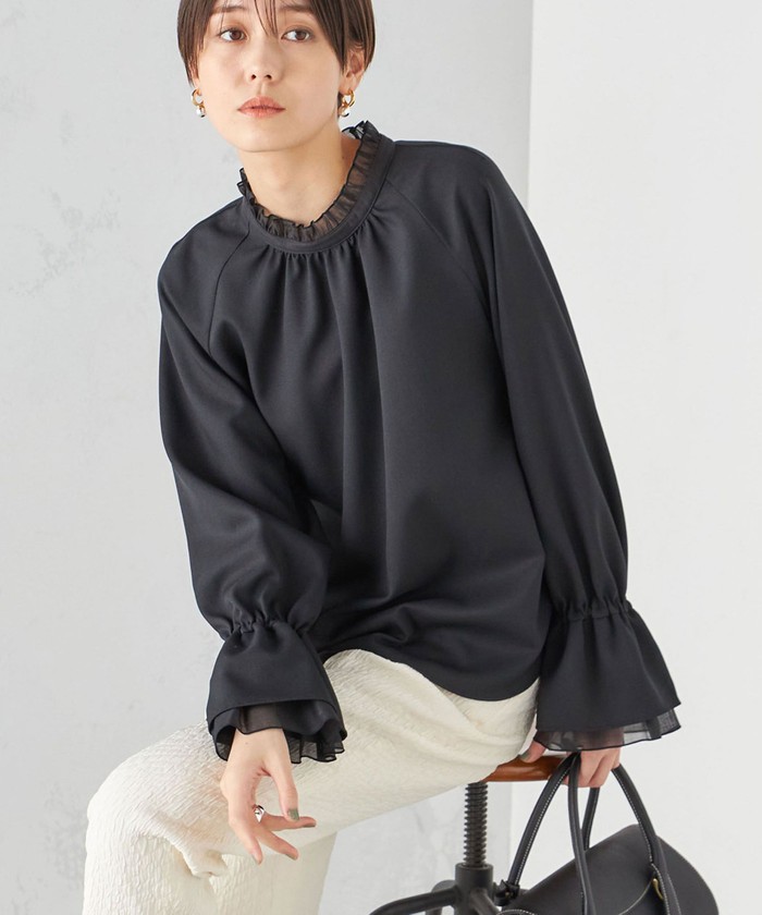 手洗い可能〉フリル ネック オーガンジー ダブル スリーブ ブラウス