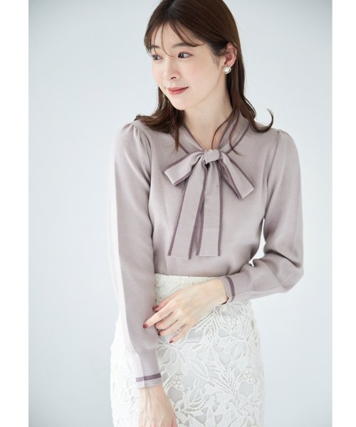 tocco closet(トッコクローゼット)/配色ライン入りボウタイりぼんニットプルオーバー/PINKBEIGE