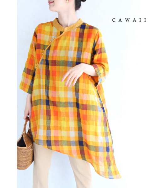 CAWAII(カワイイ)/ビタミンカラーチェックのナナメ裾チュニック/イエロー