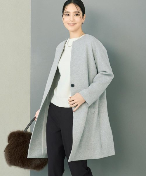 【日本製／通勤／フォーマル】カシミヤ混ノーカラーコート 