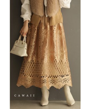 CAWAII/チュールに浮かぶエレガントなレース刺繍ミディアムスカート/505708279