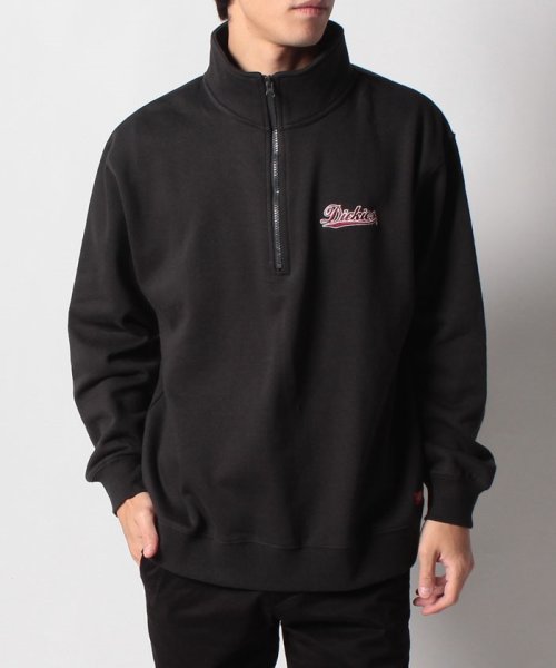 Dickies(Dickies)/【Dickies】ディッキーズ ワンポイントワッペンロゴ＆ブランドネームロゴ刺繍 リブライン ハーフジップ スウェット/ビッグシルエット/チャコールグレイ